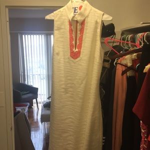 Cream and pink embroidered mini dress